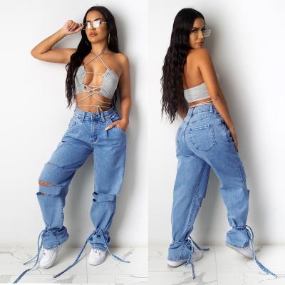 China Others Women's Hollow High Waist Casual Ripped Loose Jeans Pants Flared Denim Mom Jeans for sale