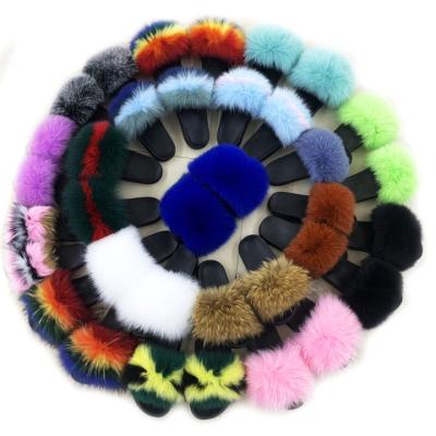 China Fashion Trend Custom Logo Fur Slipper Fluffy Raccoon Fur Slides Fox Fur Slides for sale