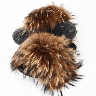 China Fashion Trend Black Slippers Fluffy Colorful Kids Fluffy Colorful Faux Furry Raccoon Fur Slipper Slippers for sale