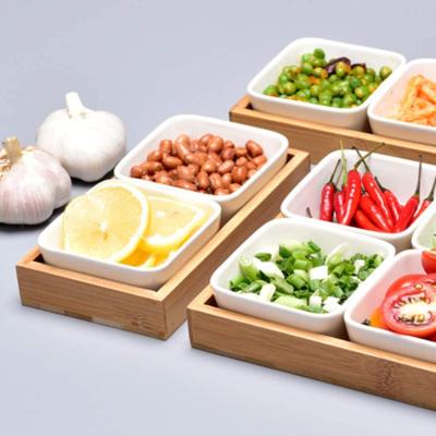 China Eco - Friendly Sauce Dish Storage Tray With Two Ceramic Bowl For Kitchen Spices Vinegar for sale