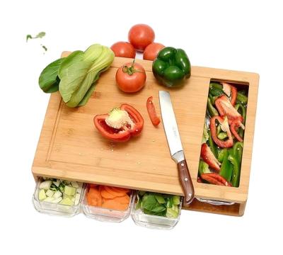 China Good Market Disposable Bamboo Cutting Chopper with Drawers/Trays/Containers/Storage and Lids with Juice Grooves, Handles for sale