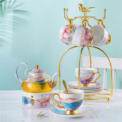 China New Morden Style Coffee Cup Spoon Saucer Luxury Teapot Set With Hanging Rack for sale