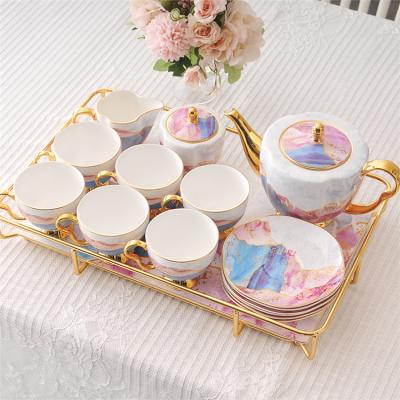 China Luxury High Quality Pink Morden Gold Rim Coffee Cup Sugar Jar Tea Set With Various Quantity for sale