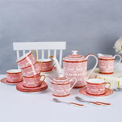 China Morden Luxury Ceramic Coffee Mug Set Red Pink Sugar Jar Tea Coffee Pots Sets for sale