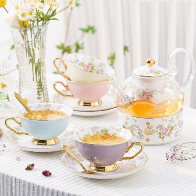 China Morden Style Luxury English Flower Teapot Set Cup Ceramic Tea Set Tea Set Fruit Flower Glass Pot With Filter Candle Heater Household for sale