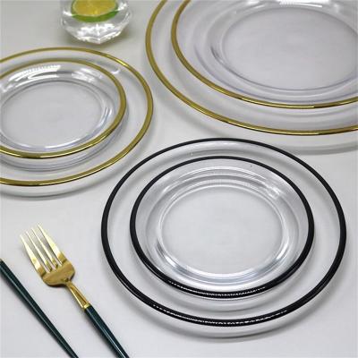 China Simple Style Disposable Hot Selling Gold Edge / Black Edge Hotel Wedding Glass Charger Dish for sale