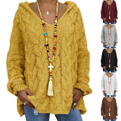 China Anti-wrinkle Amazon Women Autumn Loose Long Hooded V-Neck Solid Color Pullover Sweater Sueter for sale