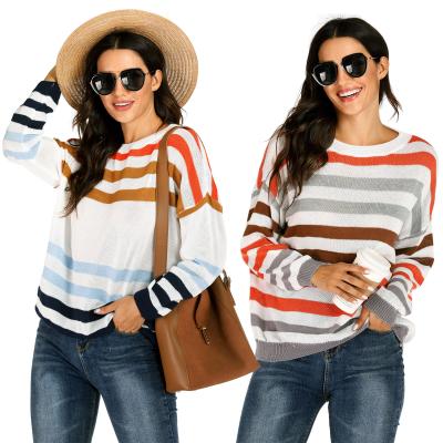 China Anti-Wrinkle Women Sheath Long Casual Loose Knitted Crewneck Sweater Rainbow Stripe Sweater Tops for sale