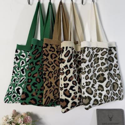 China Lady Factory Large Shoulder Lady Bags Leopard Knitted Tote Woven Beach Bag for sale