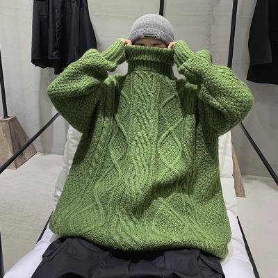 China 2021 Anti-wrinkle solid color men's sweater knitted 2020 winter fashion high street pullover sweater Korean warm men loose green sweater for sale