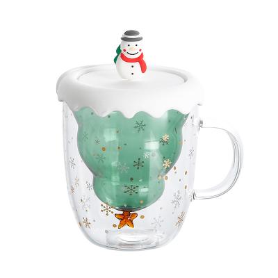 China Sustainable INS Christmas Double Layer Glass Mug With Handle And Lid Water Cup Coffee Mug New Year Mugs for sale