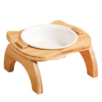 China Automatic Adjustable Bamboo Pet Wheels High Feeder Custom Double Bowl Plate Dog Wheels With Wooden Rack for sale