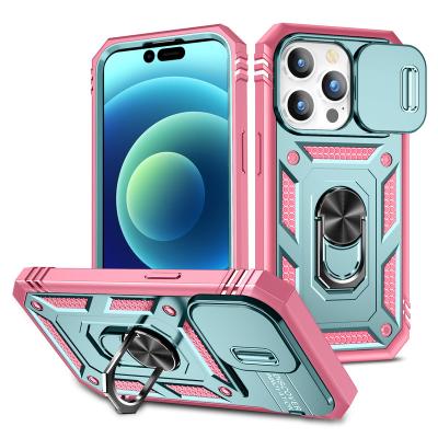 China Shockproof Newest Slide Window Lens Protection Mobile Phone Case TPU PC Shockproof Phone Case With Kickstand For iPhone 15 Pro Max for sale