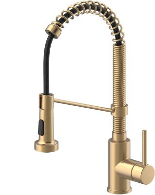 China Pull Out Spray Laundry Faucet Commercial Rv Kitchen Sink Faucet High Arc Brushed Gold Spring Kitchen Faucet with Pull Down Sprayer for sale