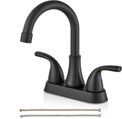 China Metered Faucets Matte Black Centerset Bathroom Sink Faucet 2 Handle Bathroom Faucet Swivel Spout Deck Mounted Vanity Faucet Supply Hoses for sale