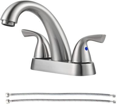 China Metered Faucets 2-Handle Bathroom Sink Faucet Supply Hose Lead-Free Lavatory Faucet Mixer Double Handle Tap Deck Mounted Brushed Nickel for sale