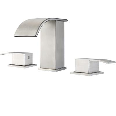 China Metered Faucets Brushed Nickel Waterfall Widespread Bathroom Faucet for Sink 3 Hole 2-Handles Modern Faucet Vanity Faucet With cUPC Supply Lines for sale