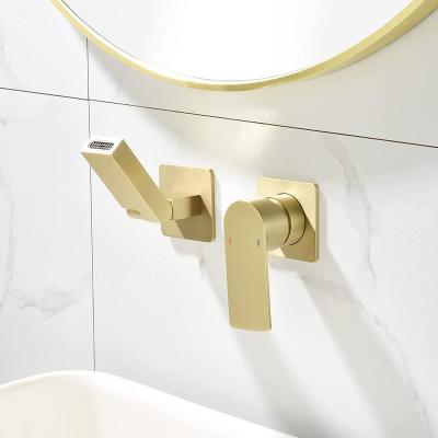 China Metered Faucets Brushed Brass Bathroom Faucet with 180 Degree Foldable Nozzle Single Handle Water Temperature Controllable Wall Mounted Faucet for sale