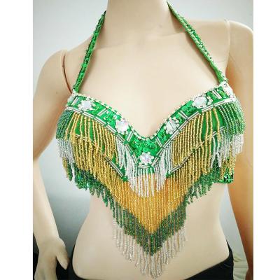 China 2019 hot sale breathable washable arabic tribal halter sequin pearl tassels puffy dance bra top for sale