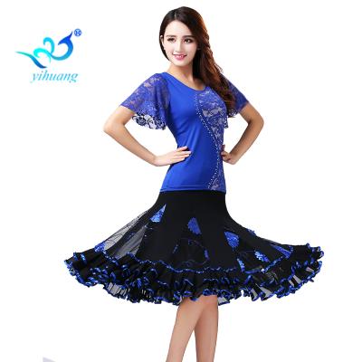 China Ballroom Dance Stretch Suit Set Waltz Rumba Stage Performance Wear Competition Tops& Skirt Flower Patterns Latin Tango Cha Cha for sale