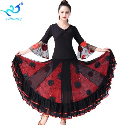 China Big Swing Flamenco Modern Dance Costume Competition Set Waltz Tango Ballroom Dance Soft Tops And Skirt Performance Standard Long Sleeves for sale