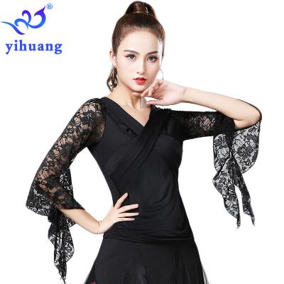 China Stretchy Plus Size Ballroom Tops Women Latin Dance Blouses Performance Party Waltz Quickstep Tango Dancewear Tops Stage Competition Lace for sale