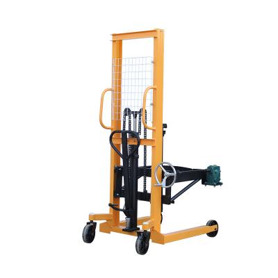 China Garment Shops Manual Forklift Pallet Stacker Hydraulic Brake Oil Drum Pallet Pusher Trolley Crane Steel Forklift for sale