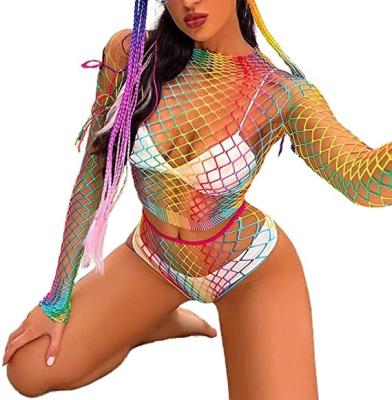 China Breathable Fishnet Bodysuit Rainbow Mesh Babydoll Colorful Long Sleeve Bodysuits Free Size Party Bodysuit for Women and Girls for sale