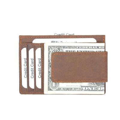 China GENUINE LEATHER Drop Shipping Genuine Leather Magnetic Card Holder RFID Blocking Slim Vintage Wallet Money Clip for sale