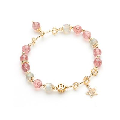 China Hot Selling Custom Jewelry Cute Star Strawberry Crystal Moonstone 14K Gold Plated Charm Beaded Bracelet For Girls Women Gift for sale