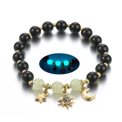 China FASHIONABLE natural black agate stone luminous beaded elastic bracelet stacked gold plated moon star pendant bracelet for sale