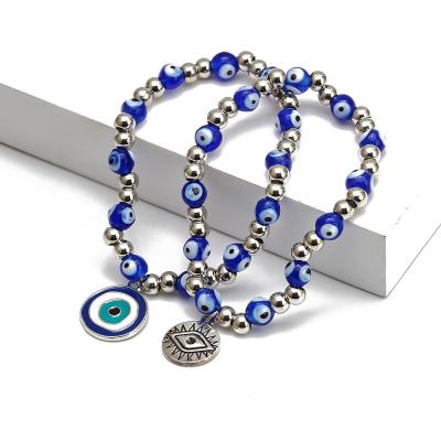 China 2021 TRENDY Hot Selling Handmade Gemstone Charm Bead Elastic Adjustable Blue Eye Chain Bead Bracelet for sale