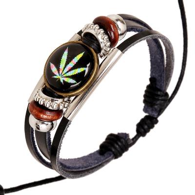 China New FASHIONABLE Wholesale Design Hemp Leaf Beaded Handwoven Leather Bracelet Rope Bracelet Popular Ornament for sale