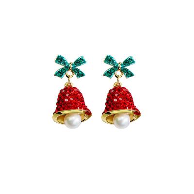 China TRENDY Christmas New Year Gift Gold Plated Earrings Crystal Pearl Dangle Earrings Soft Red Bow Bells for sale