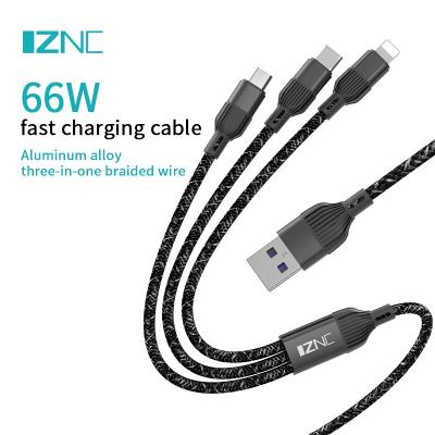 China MP3/MP4 Player Factory Price High 66W Braided Elastic 3 in 1 USB Charging Cable for Apple Android Type-C for sale