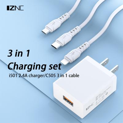 China Mobile Phone Android Mobile Phone Cable USB C 110-240V Charger 3 in 1 3A Sync Data Cable for sale