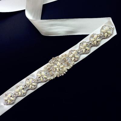 China Wholesale Flatback Crystal Bridal Sash Wedding Dress Sash Crystal Rhinestone Pearl Applique Silver Beaded Patch Bridal Sash LSBS031 for sale