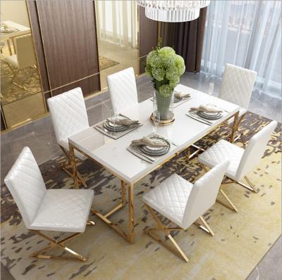 China Stainless Steel Base Tempered Glass Marble Dining Table 6 chairs for sale