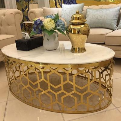 China Luxury Oval Coffee Table Stainless Stain frame Artificial Marble Top for Living Room for sale