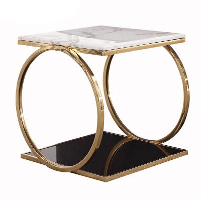 China Unique design stanieless steel base tempered glass top side table square end table for hotel home for sale