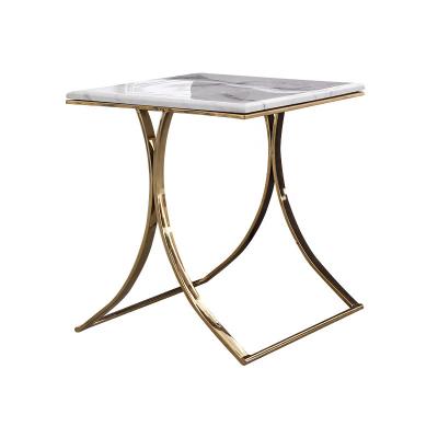 China Unique design stanieless steel base tempered glass top end table square corner table for hotel home for sale