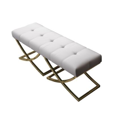 China Contemporary Velvet upholster Stainless Steel X leg Long Bench Ottoman Foot Stool for sale