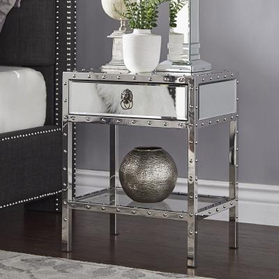 China Rivet style 1 drawer side table stainless steel frame mirrored nightstand for bedroom for sale