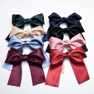 China Wholesale Sweet Solider Color Korean Satin Hair Bow Clips Boutique Babies Soft Ribbon Hair Bows Barrette for sale