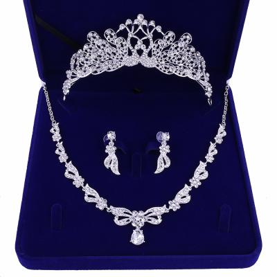 China New Design Bling Environmental Luxury Rhinestone Crown Bridal Jewelry Tiara Wedding Earring Necklace Set For Women for sale