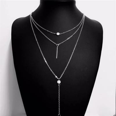 China Wholesale 3PCS Metal Band Copper Pearl Chain Necklace Women's Gold Alloy High Quality Necklace European and American Style for sale