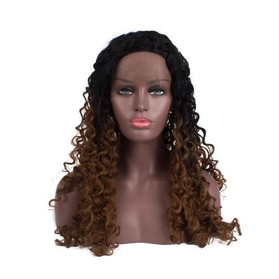 China Afro Kinky Curly Hair Headband Long Curly Synthetic Lace Front Wigs 1B-brown Color for sale