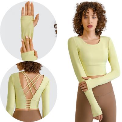 China Meicofy Breathable Wholesale Crop Tops For Women Long Sleeve With Bra Cross Back Gym Sports Wear Yoga Wear for sale