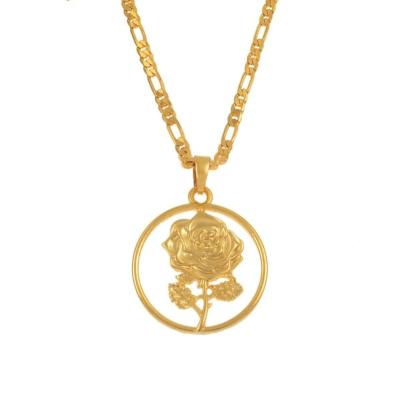 China Made With Zircon Gemnel Figaro Chain Rose Jewelry Flower Locket Gold Real Coin Pendant Long Chain Necklace for sale