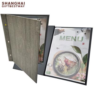 China New Design A4 Woode Size Hotels PU Leather Folder Clip Menu Restaurant Bars Hotel Cover With Custom Logo for sale